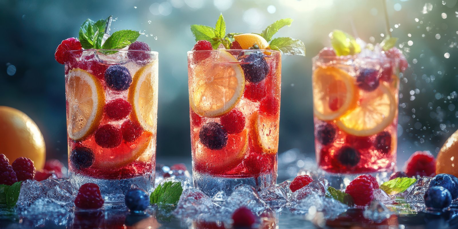 Refreshing fruit cocktail glasses filled with ice and colorful berries on a sunny day